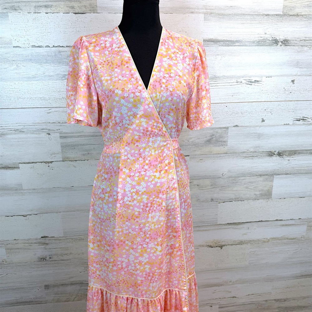 LaRoque Floral Wrap Midi Dress Pink Yellow Cottagecore Preppy Feminine Small - Picture 8 of 16